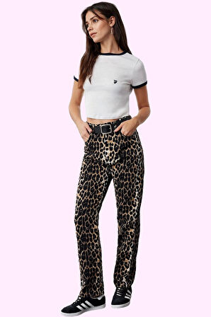 Kadın Pamuk Gabardin Leopar Desenli Wide Leg Pantolon Tüm Sezonlar Yaz Aylarının Vazgeçilmezi