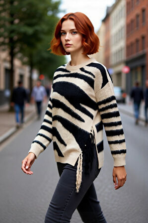 Kadın Oversize Basic Zebra Desenli Akrilik Triko Kazak Günlük Şıklık İçin İdeal Bir Seçimdir