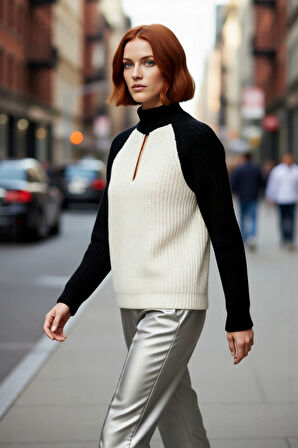 Kadınlara Özel Oversize Kesim Fermuarlı Dik Yaka Selanik Dokulu Renk Bloklu Triko Kazak. Kaliteli