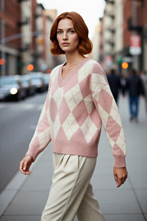 Kadın Ekru Gri Baklava Desen V Yaka Oversize Triko Kazak Kış Sezonu Günlük Stilinize Sıcak Dokunuş