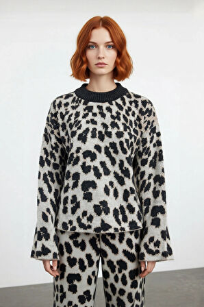 Kadınlar İçin Cool Comfort Oversize Düşük Kol Triko Kazak Animal Desen Kış Şıklığı Kaliteli