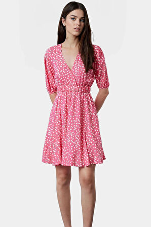 Shally Dokuma Mini Elbise V Yaka Kısa Kollu Çiçek Desenli Rahat Seçkin Malzeme Modern Stil