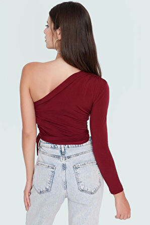 Rahat ve Şık Örme Crop Bluz Tek Kol Uzun Kollu Asimetrik Yaka Özenle Seçilmiş