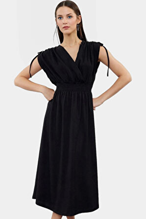 Desenli Midi Elbise Yazlık Rahat Polyester Kruvaze Beli Lastikli Kullanım