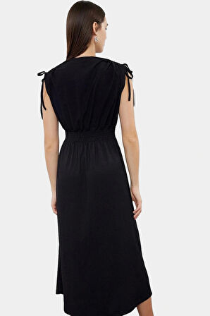 Desenli Midi Elbise Yazlık Rahat Polyester Kruvaze Beli Lastikli Kullanım