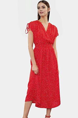 Desenli Midi Elbise Yazlık Rahat Polyester Kruvaze Beli Lastikli Kullanım