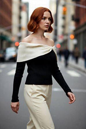 Kadın Modern Carmen Yaka Fitted Akrilik Triko Uzun Kollu Kazak Gündüzden Geceye Kusursuz Şıklık