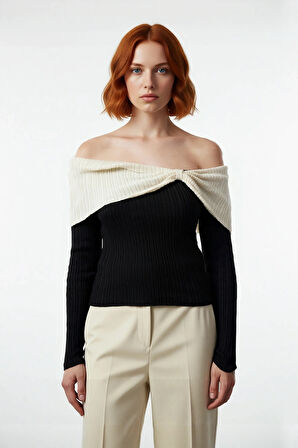 Kadın Modern Carmen Yaka Fitted Akrilik Triko Uzun Kollu Kazak Gündüzden Geceye Kusursuz Şıklık