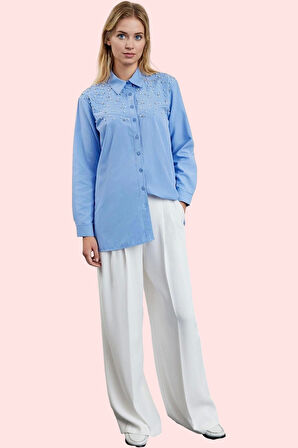 Kadın Uzun Kollu Gömlek Dokuma Kumaş İncili Taş Detaylı Şık Günlük Kullanım Modern Tasarım