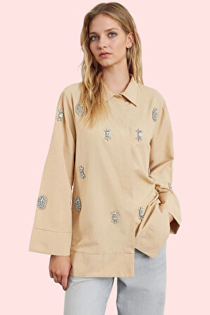 Kadın Regular Kalıp Dokuma Gömlek İncili Detaylar Günlük Hafta Sonu Yaz Aylarının Vazgeçilmezi