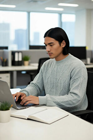 Unisex Oversize Rahat Kesim Saç Örgü Desenli Bisiklet Yaka Uzun Kol Triko Kazak Kış İçin İdeal