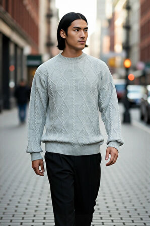 Unisex Oversize Rahat Kesim Saç Örgü Desenli Bisiklet Yaka Uzun Kol Triko Kazak Kış İçin İdeal