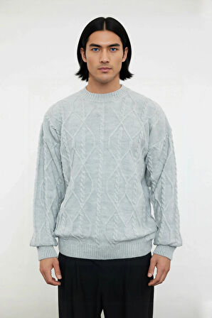 Unisex Oversize Rahat Kesim Saç Örgü Desenli Bisiklet Yaka Uzun Kol Triko Kazak Kış İçin İdeal