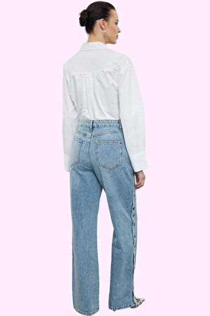 Kadın Denim Pantolon Yüksek Bel Geniş Paça Pamuk Günlük ve Şık Hafta Sonu Kaliteli Malzeme