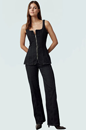 Fermuarlı Denim Bluz Yazlık Kare Yaka Pamuklu Kumaş Modern Stil Rahat Kullanım