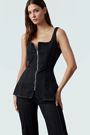 Fermuarlı Denim Bluz Yazlık Kare Yaka Pamuklu Kumaş Modern Stil Rahat Kullanım