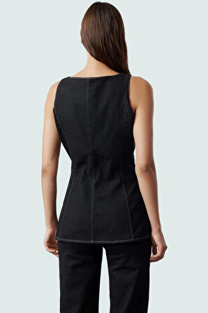 Fermuarlı Denim Bluz Yazlık Kare Yaka Pamuklu Kumaş Modern Stil Rahat Kullanım