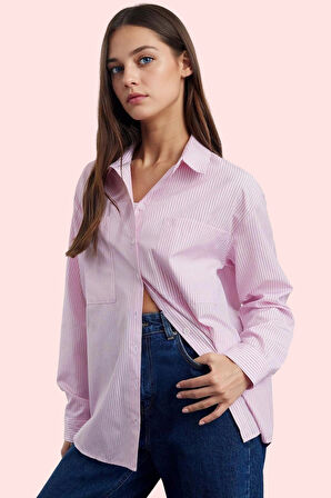 Kadın Uzun Kollu Çizgili Oversize Gömlek Dokuma Kumaş Rahat Günlük Kombinler Modern Tasarım