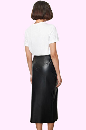 Kadın Suni Deri Midi Etek Kemer Detaylı Günlük Kullanım Hafta Sonu Yaz Aylarının Vazgeçilmezi