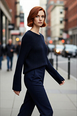 Kadın Regular Kalıp Triko Kazak Peplum Detayı Sürdürülebilir Reglan Kol Orta Kalınlık Günlük