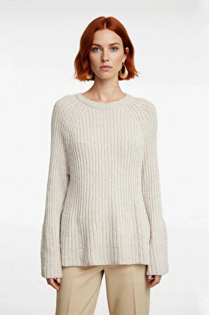 Kadın Regular Kalıp Triko Kazak Peplum Detayı Sürdürülebilir Reglan Kol Orta Kalınlık Günlük