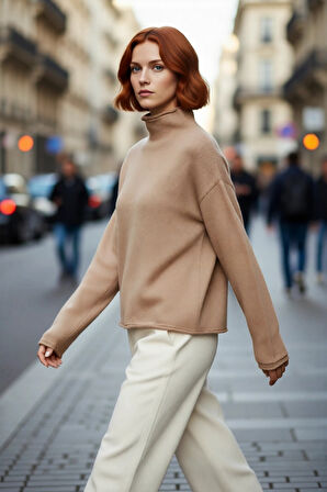 Kadın Triko Oversize Dik Yaka Kazak Uzun Düşük Kol Kışlık Ve Sonbaharlık Günlük Şık Giyim Kaliteli