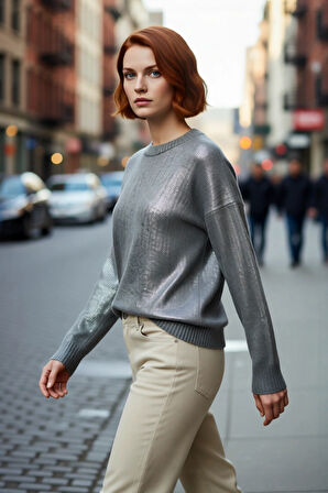 Kadın Oversize Rahat Kesim Basic Gri Metalik Triko Uzun Kollu Bisiklet Yaka Kışlık Kazak Kaliteli