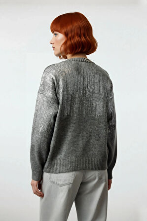 Kadın Oversize Rahat Kesim Basic Gri Metalik Triko Uzun Kollu Bisiklet Yaka Kışlık Kazak Kaliteli