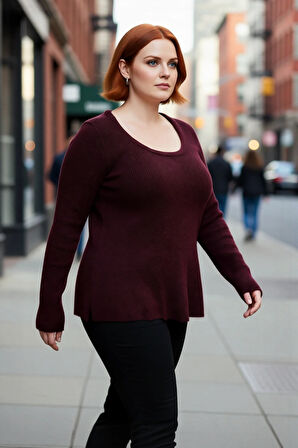 Kadın Mürdüm Akrilik Triko Kazak Havuz Yaka Balık Siluet Etek Ucu Volanlı Zarif Kış Şıklığı