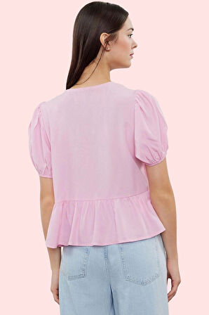 Kadın Şık Gömlek V Yaka Bağlamalı Dokuma Terrycotton Kumaş Günlük Yaz Aylarının Vazgeçilmezi