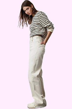 Kadın Pamuk Denim Pantolon Yüksek Bel Geniş Paça Yazlık Rahatlık Yaz Aylarının Vazgeçilmezi