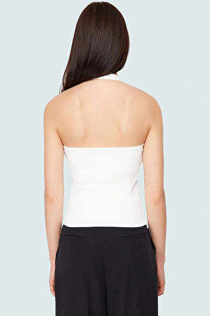 Rahat ve Şık Scuba Krep Crop Bluz Halter Yaka Polyester Karışımı Özenle Seçilmiş