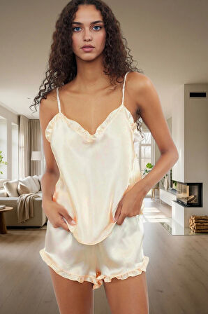 100% Polyester Saten Pijama Takımı V Yaka Fırfırlı Boru Paça Yazlık Özel Tasarım