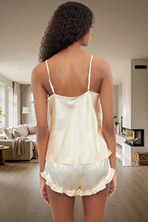 100% Polyester Saten Pijama Takımı V Yaka Fırfırlı Boru Paça Yazlık Özel Tasarım