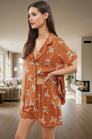 Dokuma Viskoz Pijama Takımı Şortlu Ayıcıklı Desen Rahat Yazlık Ev İçin Seçkin Malzeme