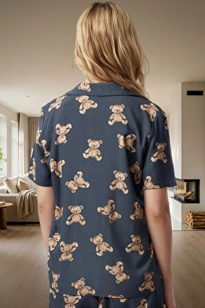 Dokuma Viskoz Pijama Takımı Şortlu Ayıcıklı Desen Rahat Yazlık Ev İçin Seçkin Malzeme