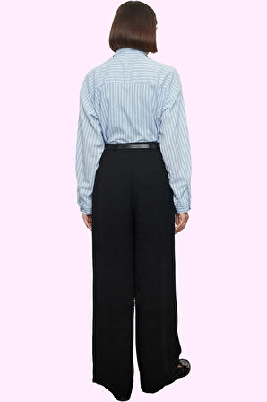 Kadın Düz Desenli Krep Dokuma Palazzo Pantolon Yüksek Bel Wide Leg Günlük Kaliteli Malzeme