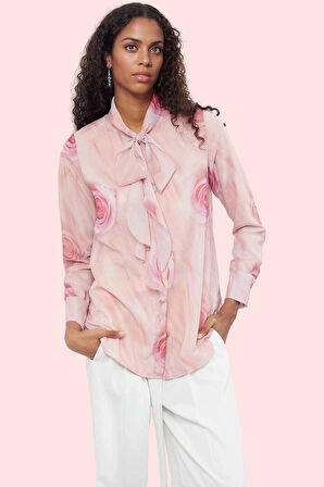 Kadın Nefes Alan Şifon Dokuma Gömlek Uzun Kollu Dik Yaka Gül Desenli Yaz Aylarının Vazgeçilmezi