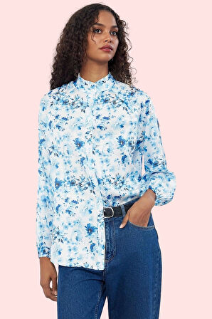 Kadın Saten Dokuma Çiçek Desenli Gömlek Uzun Kollu Rahat Yazlık Yaz Aylarının Vazgeçilmezi