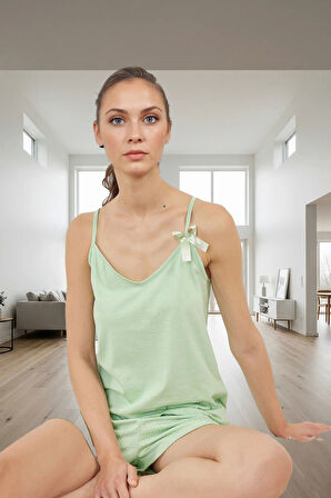 Şortlu Pijama Takımı Örme Viskoz Kumaş Puantiyeli Rahat Kalıp Yaz İçin İdeal Kullanım