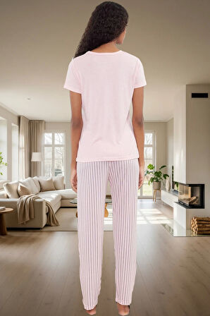 İlkbahar Sonbahar İçin Pamuk Karışımlı Çizgili Pijama Takımı Dayanıklı Malzeme