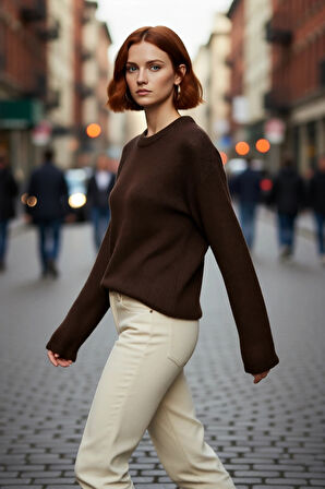 Kadın Oversize Akrilik Triko Kazak Geniş İspanyol Kol Detaylı Bisiklet Yaka Günlük Konfor Kaliteli