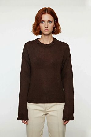 Kadın Oversize Akrilik Triko Kazak Geniş İspanyol Kol Detaylı Bisiklet Yaka Günlük Konfor Kaliteli