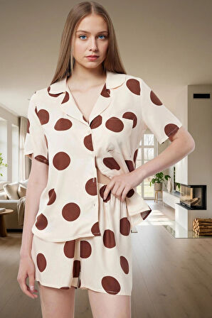 Şık Puantiyeli Viskon Pijama Takımı Dokuma Kumaş Regular Kalıp Yazlık Dayanıklı Malzeme