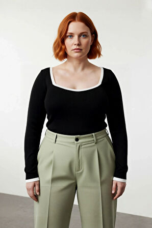 Kadın Siyah Kare Yaka Triko Kazak Fitted Kalıp Standart Kol İnce Dokulu Günlük Şıklık Sunar