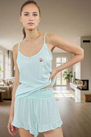 Kiraz Nakışlı Viskon Pijama Takımı Şortlu Kolsuz Regular Kalıp Yüksek Kalite Modern Stil