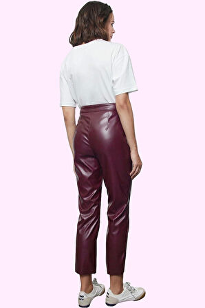 Kadın Fermuarlı Suni Deri Pantolon Dokuma Kumaş Yüksek Bel Kışlık Yaz Aylarının Vazgeçilmezi