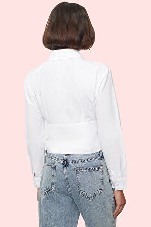 Kadın Crop Gömlek Pamuk Polyester Dokuma Kumaş Şık Tasarım Günlük Kullanım Kaliteli Malzeme