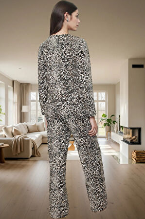 95 Pamuk 5 Elastan Örme Kumaştan Leopar Desenli Pijama Takımı Kış Mevsimi İçin İdeal