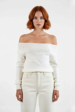 Kadın Şık Super Crop Kayık Yaka Boncuk İşlemeli Triko Kazak Oversize Rahat Kışlık Stil Kaliteli